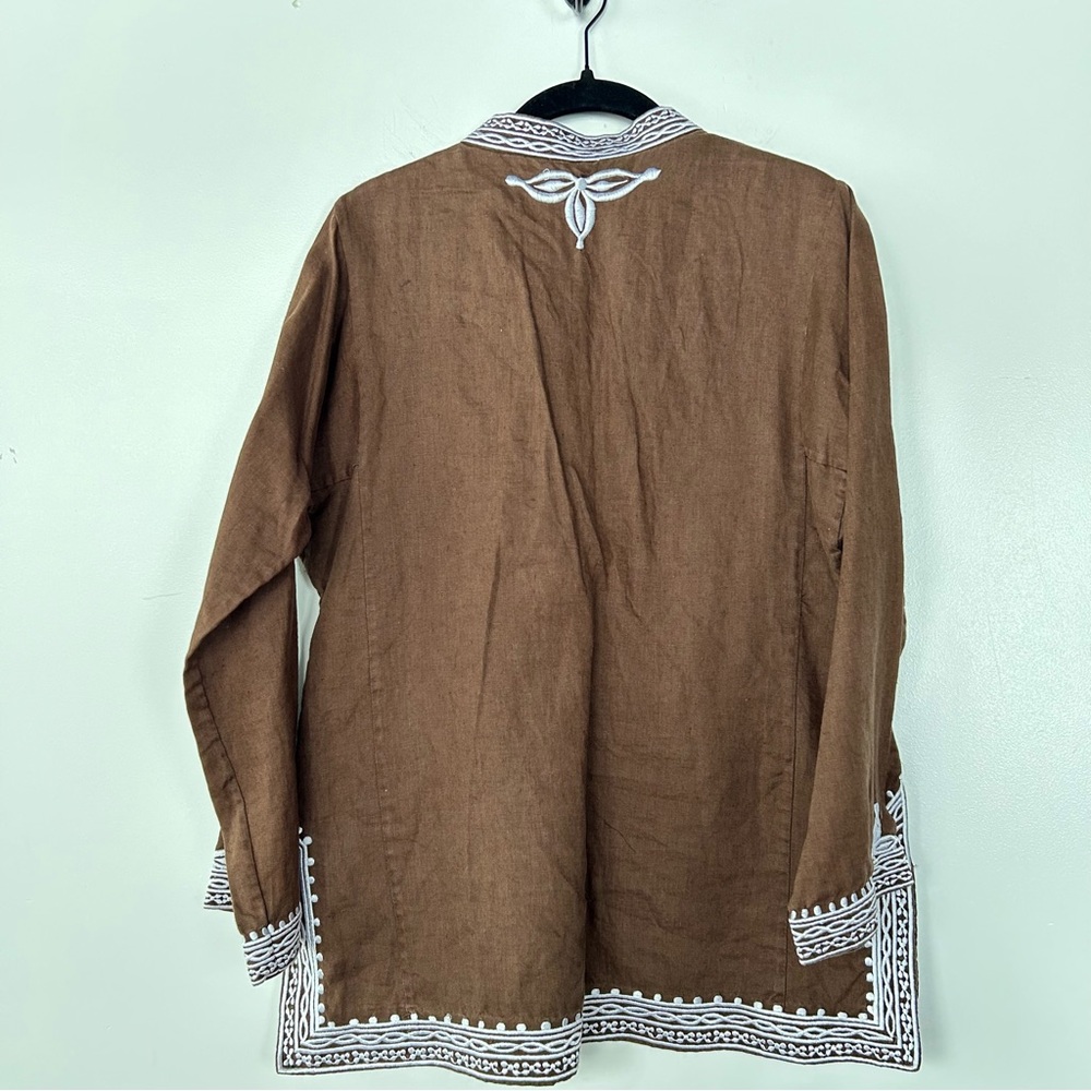 Vintage J.Crew 100% Linen Womens Brown Embroidered Boho Tunic Peasant Blouse - Picture 6 of 6